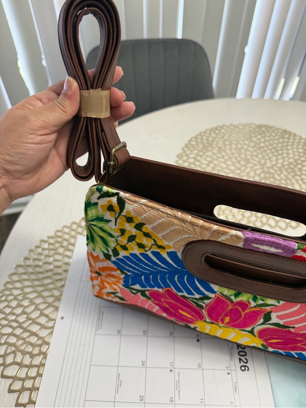 Women’s Floral Embroidered Clutch Bag with Removable Brown Strap